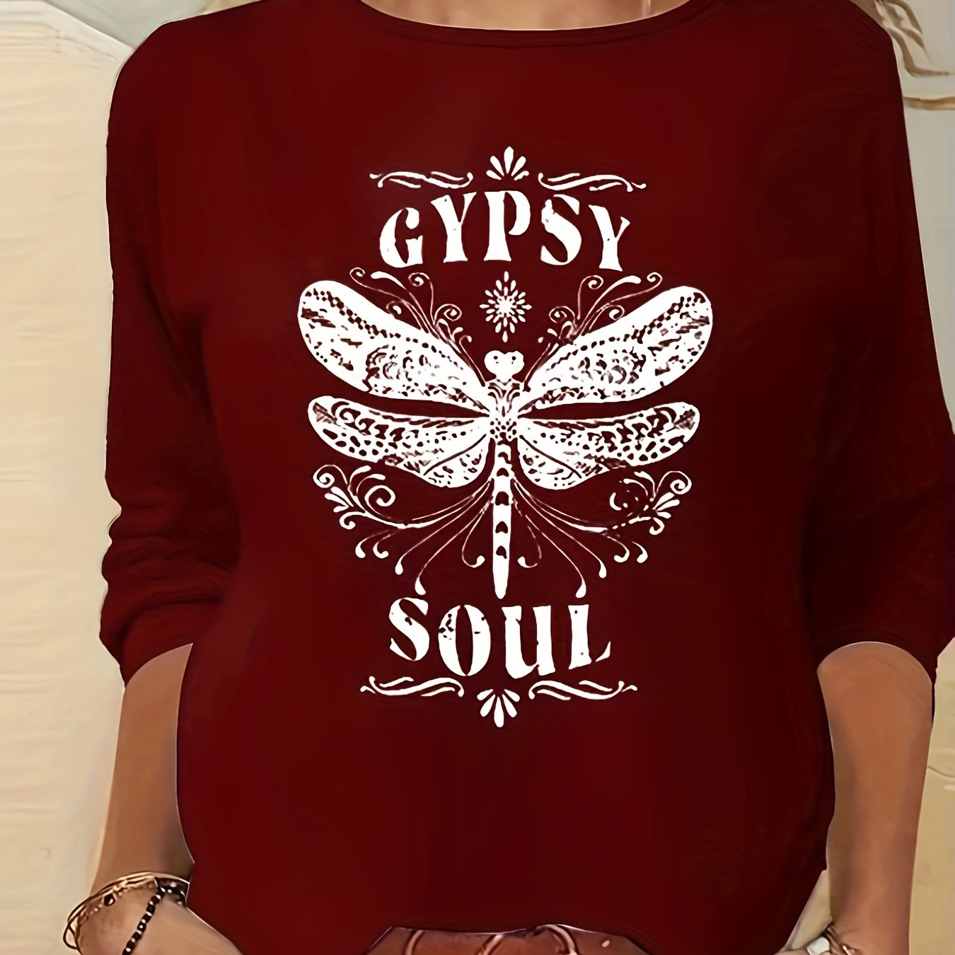 Gypsy Soul Print Long Sleeve T-Shirt, Crew Neck Casual Top For Fall & Spring, Women's Clothing