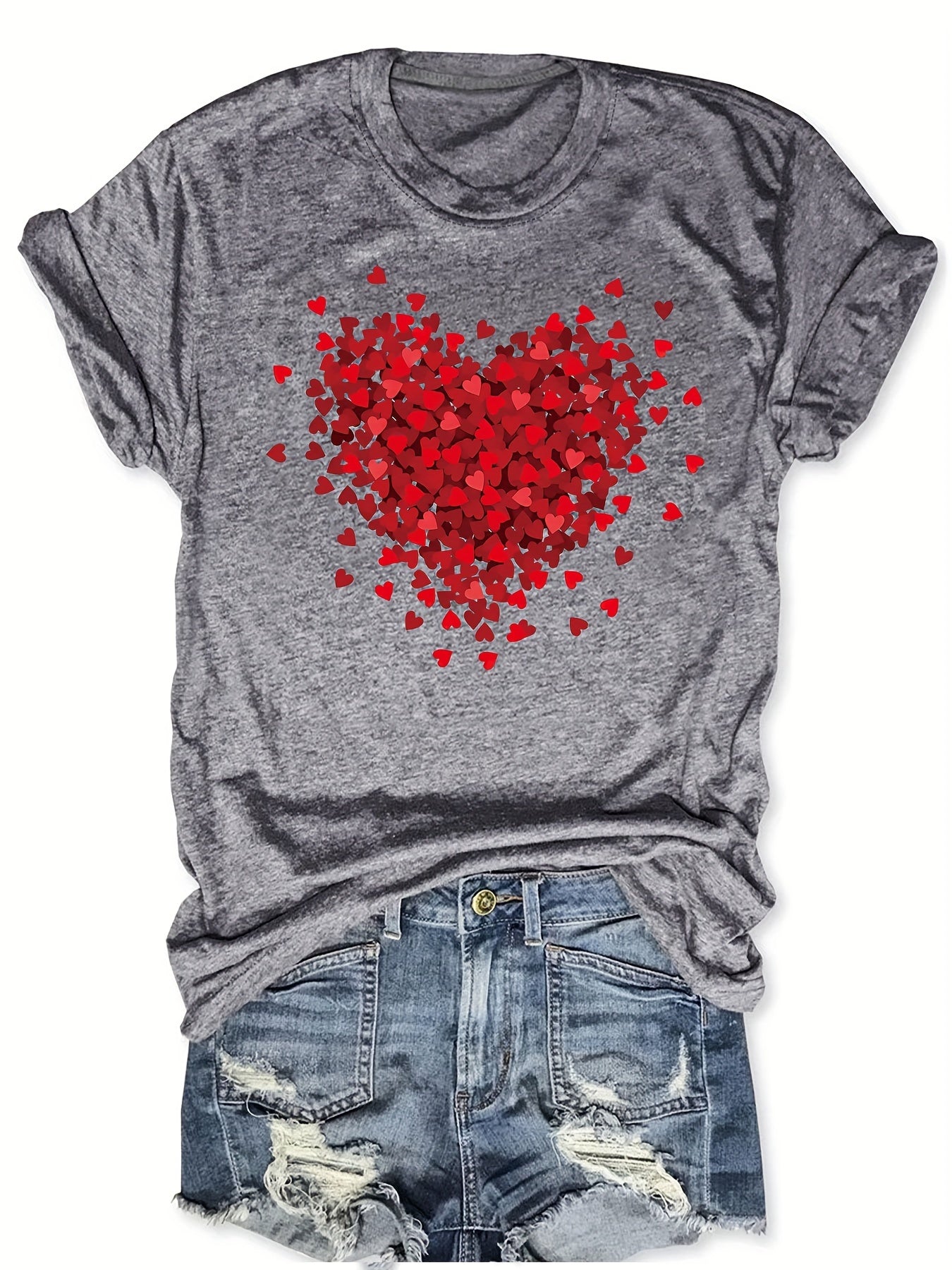 Valentine's Day Heart Print T-Shirt, Casual Crew Neck Short Sleeve Top For Spring & Summer, Women's Clothing